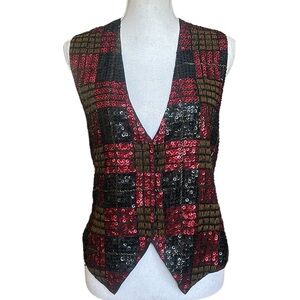 Vintage The Everett Collection Black Red Plaid Sequin Beaded Vest Gilet Size M